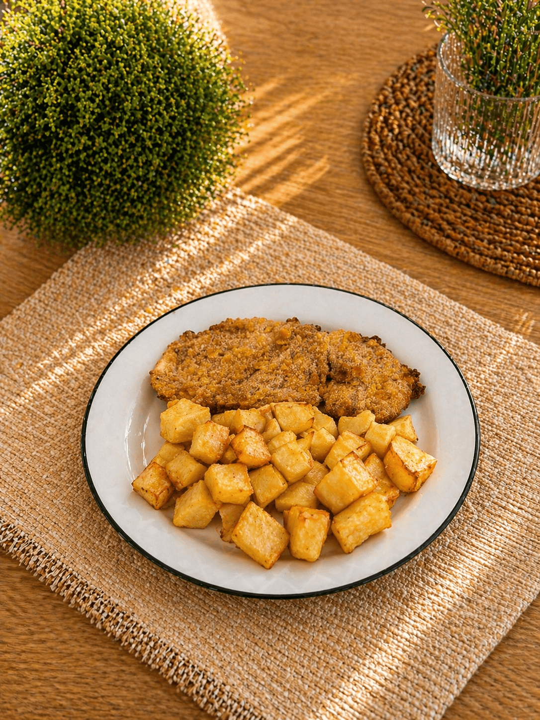 Milanesa de pollo crispy con papas asadas