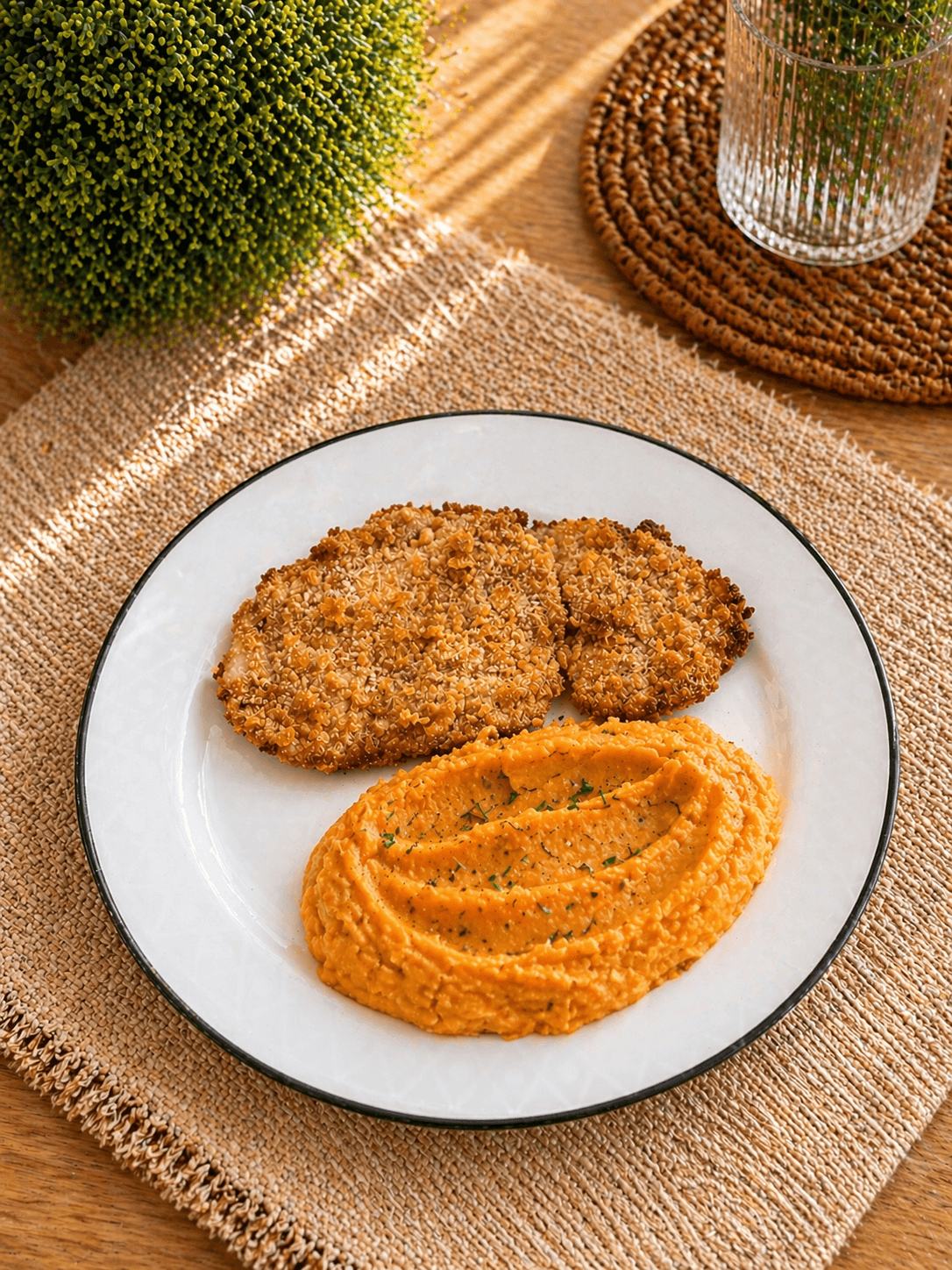 Milanesa de pollo crispy con puré de calabaza